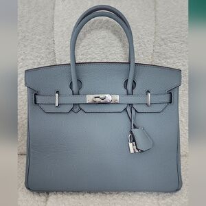 30cm Togo genuine Leather Blue Linen Silver Hardware top handle bk30
